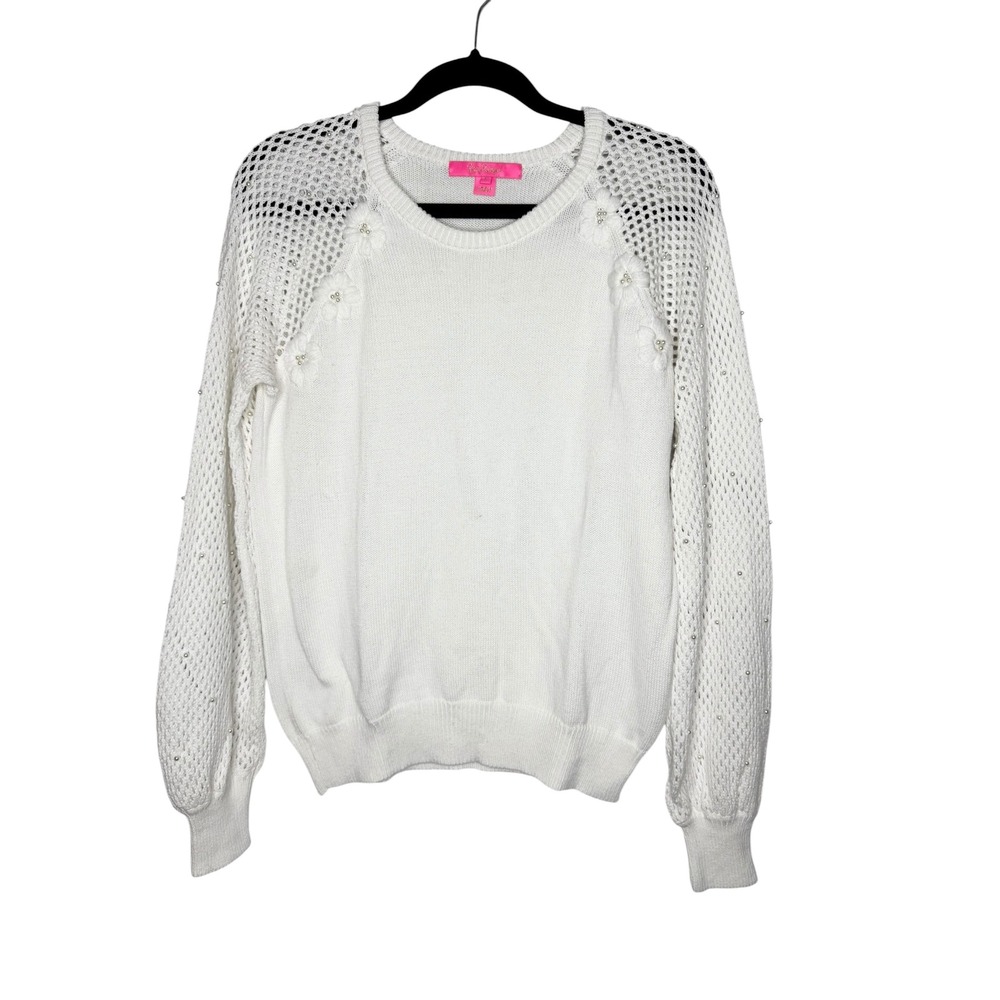 Lilly Pulitzer Faira Sweater White Pearl Floral Applique Mesh Sleeve Sweater L